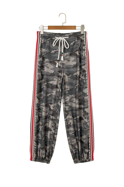 Green Camouflage Print Striped Side Panel Patchwork Drawstring Pants