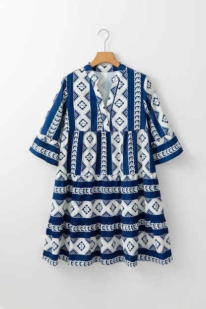 Blue Geometric Print V Neck Ruffled Dress - Chic Meadow Boutique 