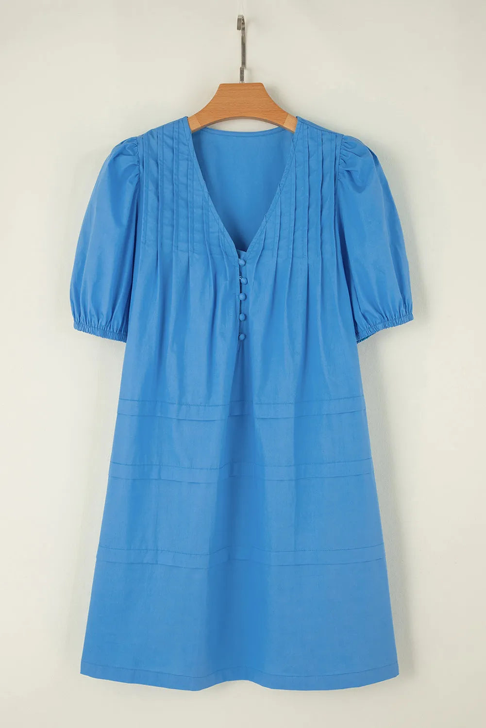 Blue Solid Color Pleated Puff Short Sleeve Shift Dress - Chic Meadow Boutique 