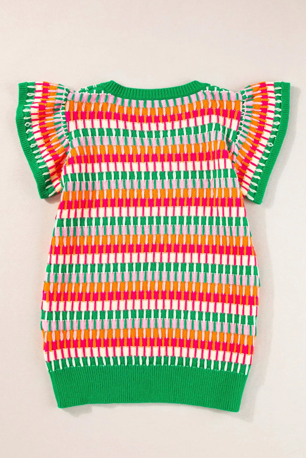 Tops/Short Sleeve Sweaters Green Multicolor Flutter Sleeve Knitted Sweater Top