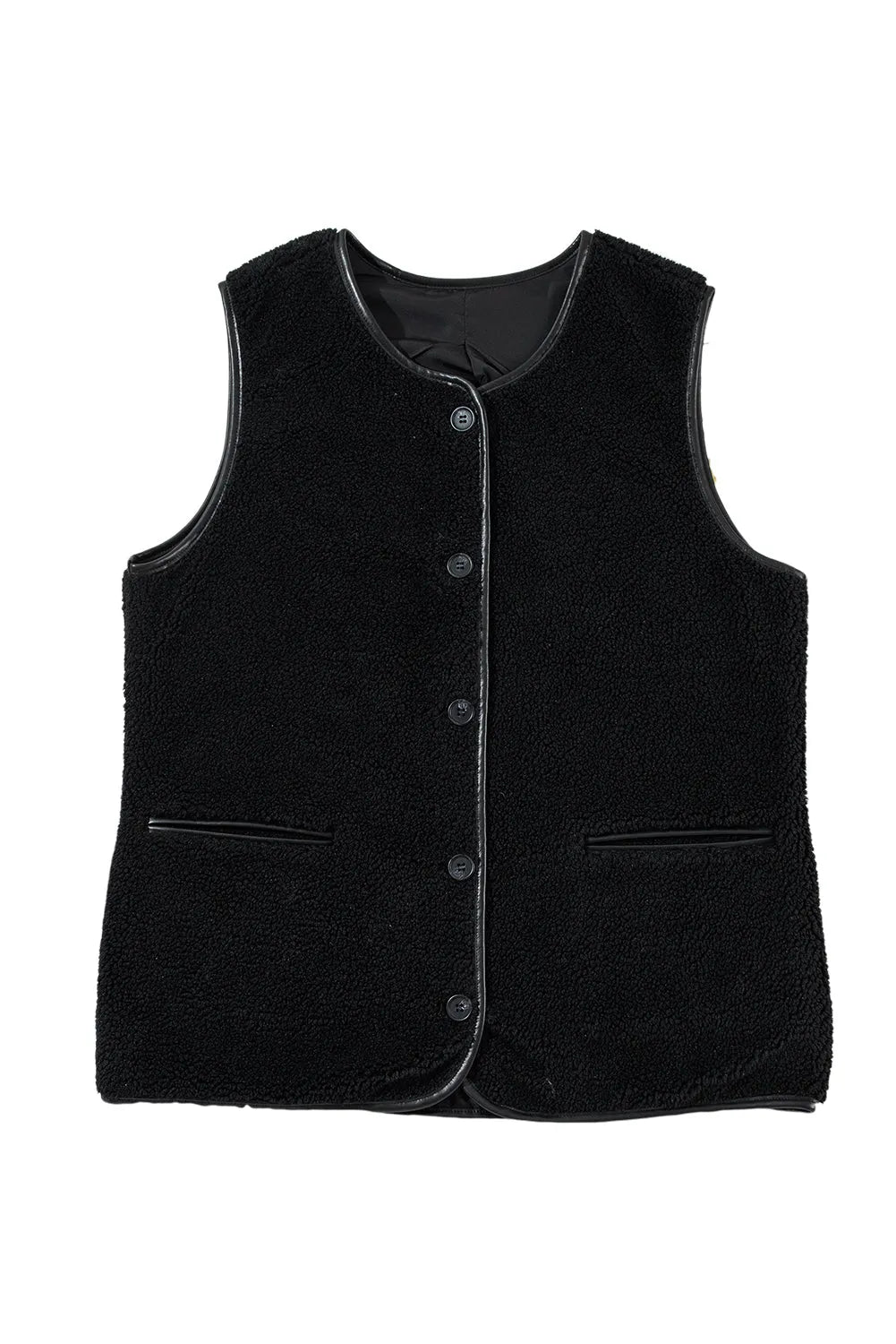 Black Leather Contrast Side Pockets Buttoned Fleece Vest - Chic Meadow Boutique 