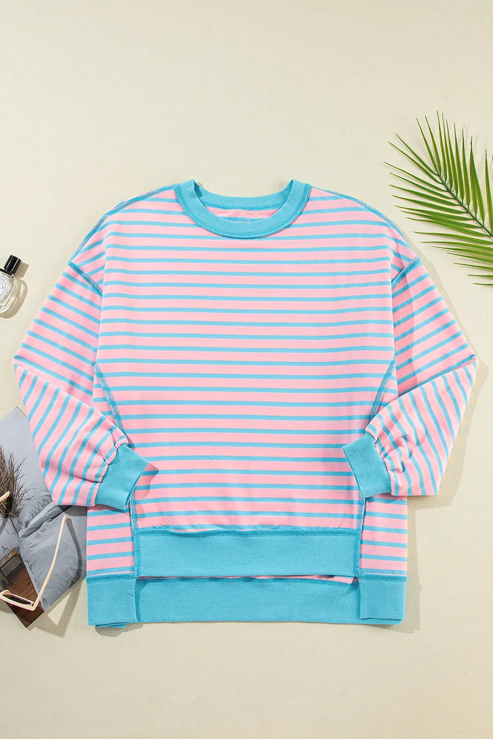 Pink Stripe Contrast Trim High Low Pullover Tunic Sweatshirt - Chic Meadow Boutique 