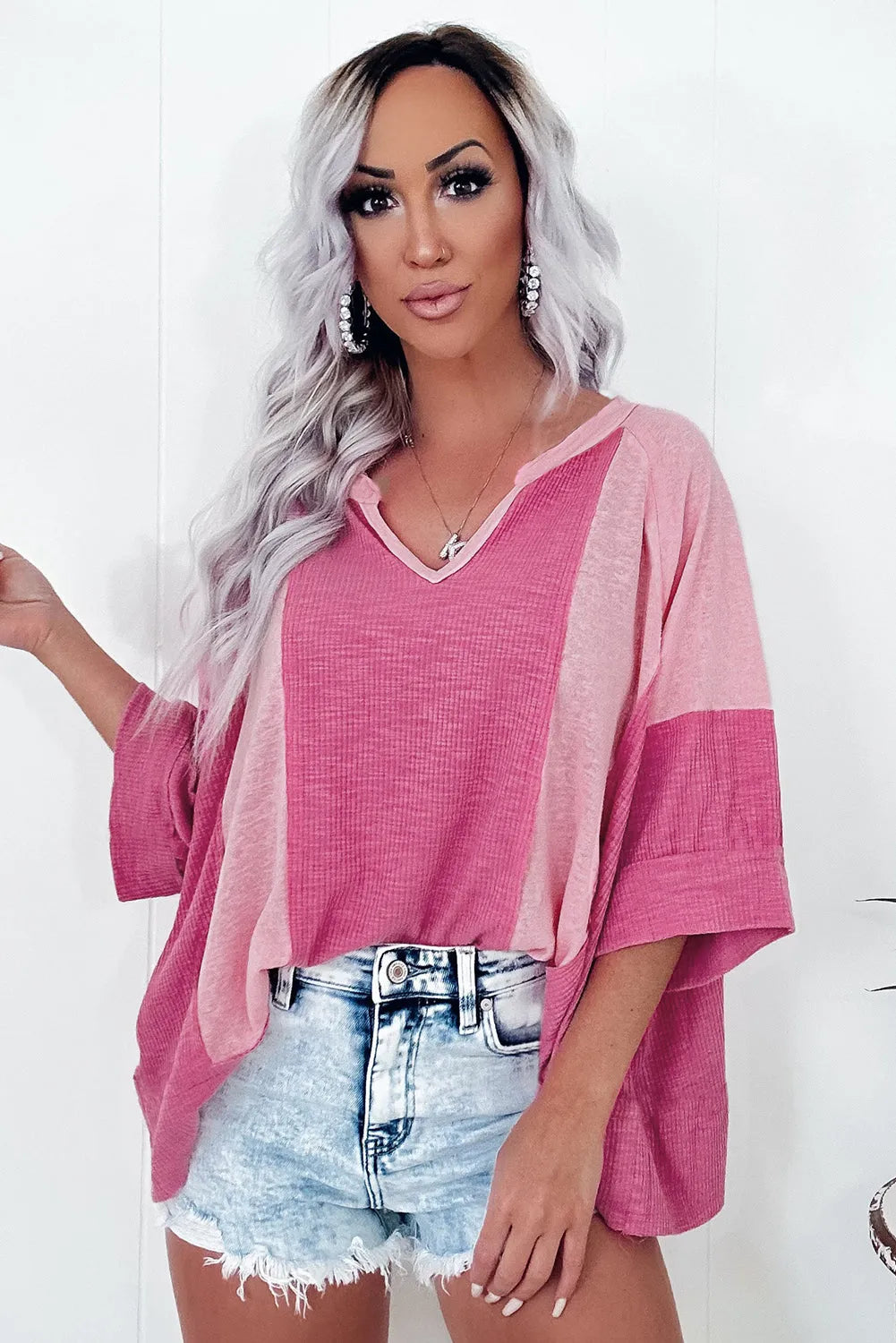 Bright Pink Textured Colorblock 3/4 Sleeve Oversize Top - Chic Meadow Boutique 