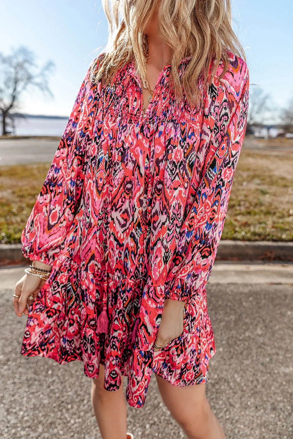 Rose Abstract Printed Tassel Tied Neck Long Sleeve Ruffled Mini Dress - Chic Meadow Boutique 