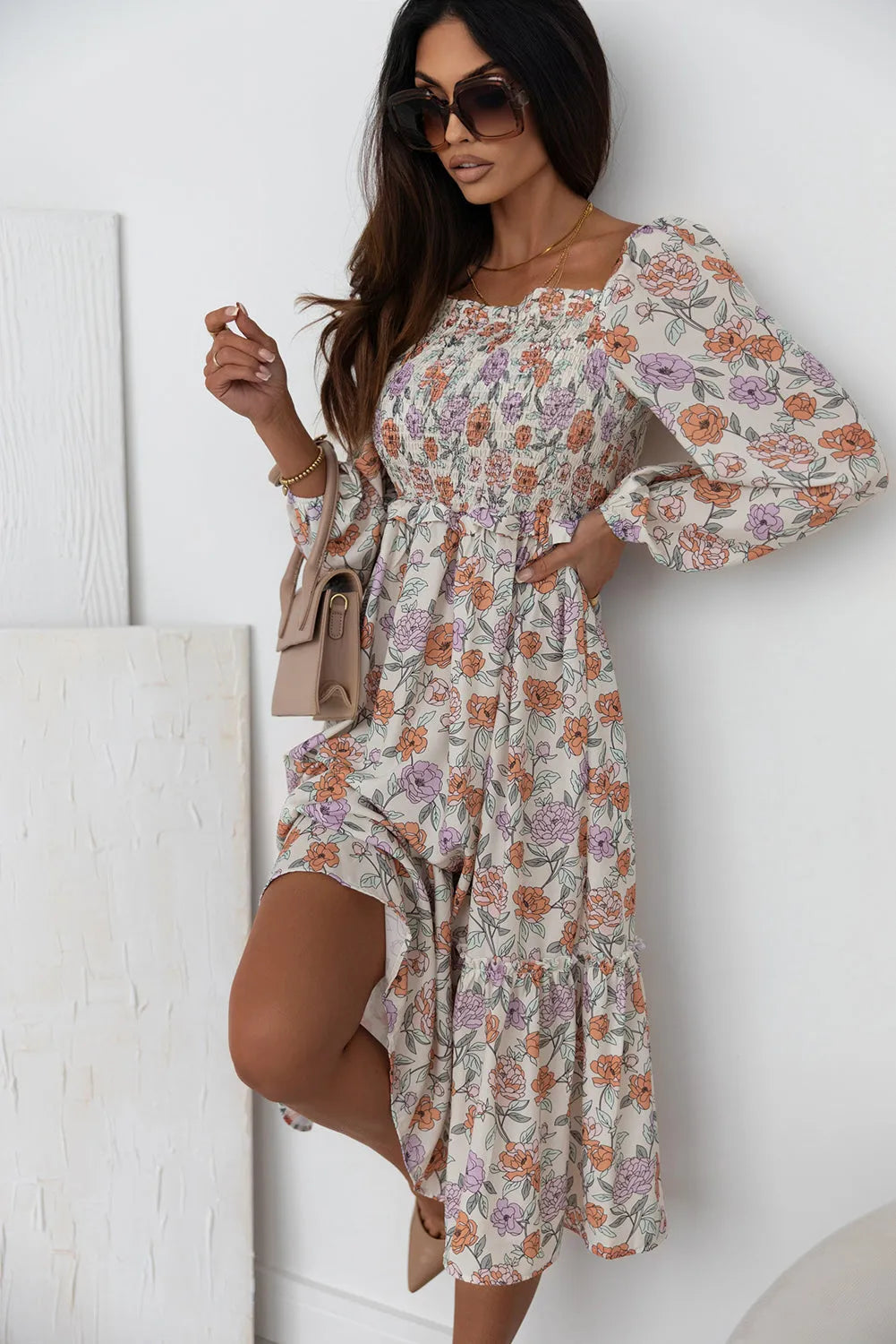 Multicolor Floral Smocked Long Sleeve Pocketed Dress - Chic Meadow Boutique 