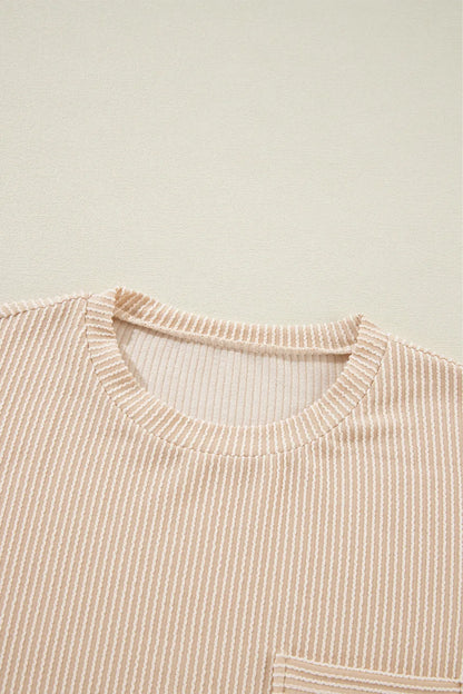 Beige Corded Knit Pocketed Loose Fit T Shirt - Chic Meadow Boutique 