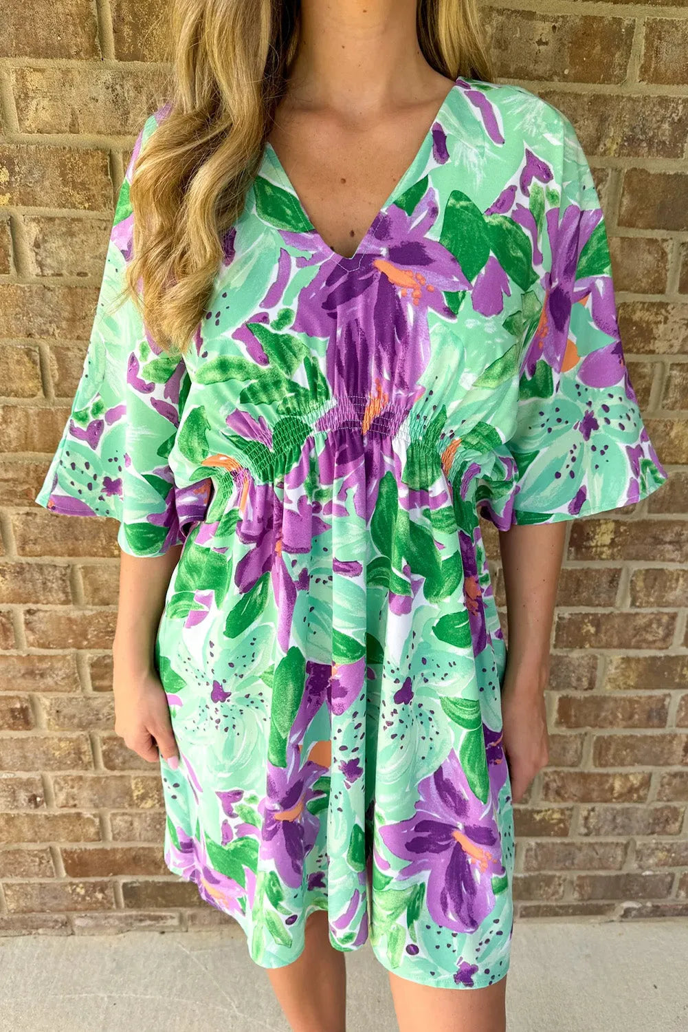 Dresses/Floral Dresses Green / S / 100%Polyester Green Boho Floral Half Sleeve V Neck Shirred Waist Mini Dress