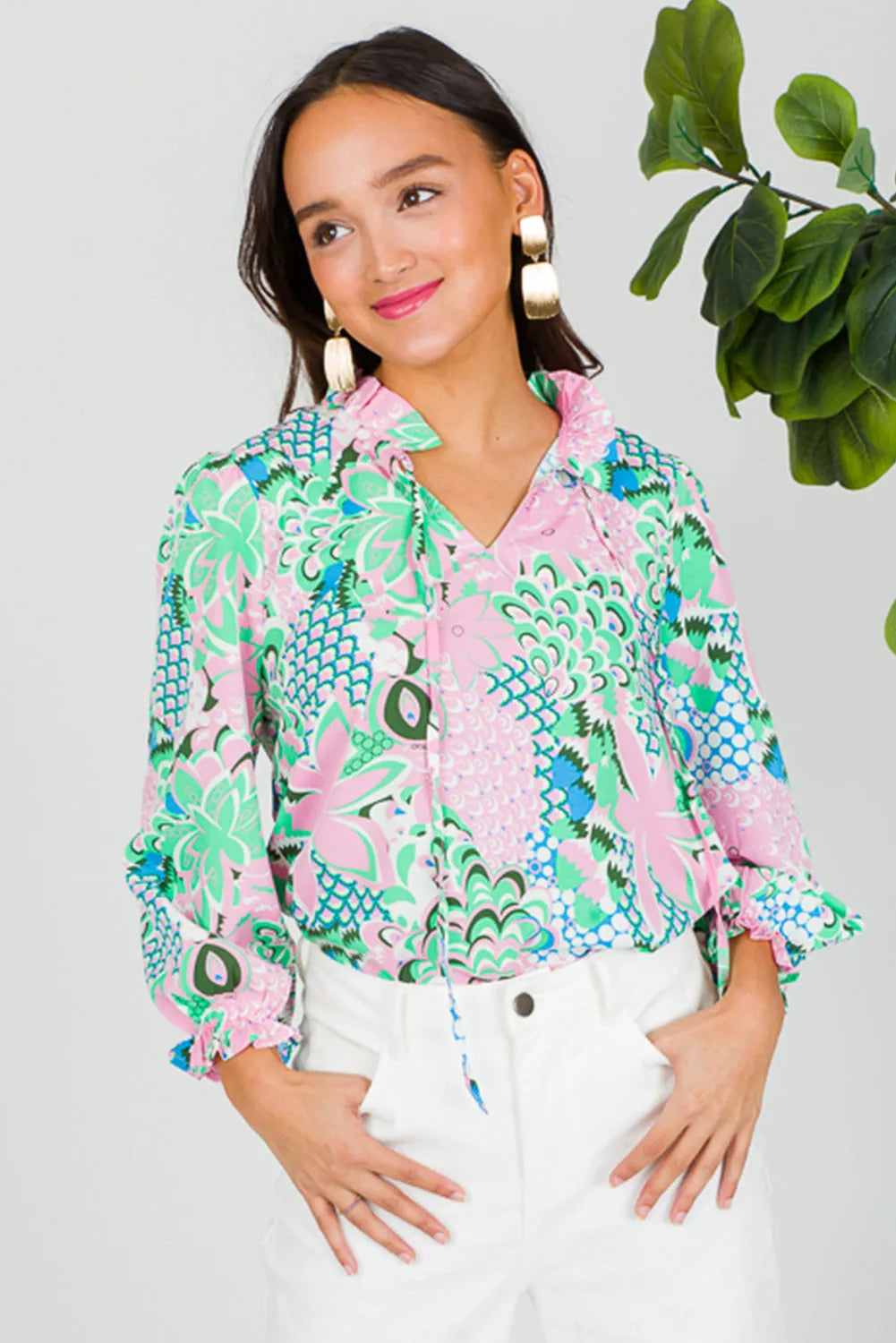 Green Floral Print V Neck Tied Loose Blouse - Chic Meadow Boutique 