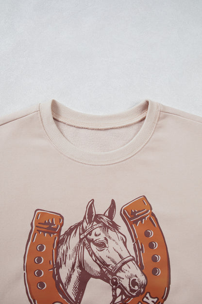 Beige GOOD LUCK Western Horse Print Oversized Pullover Sweatshirt