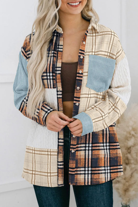 Blue Plaid Color Block Patchwork Shirt Jacket with Pocket - Chic Meadow Boutique 