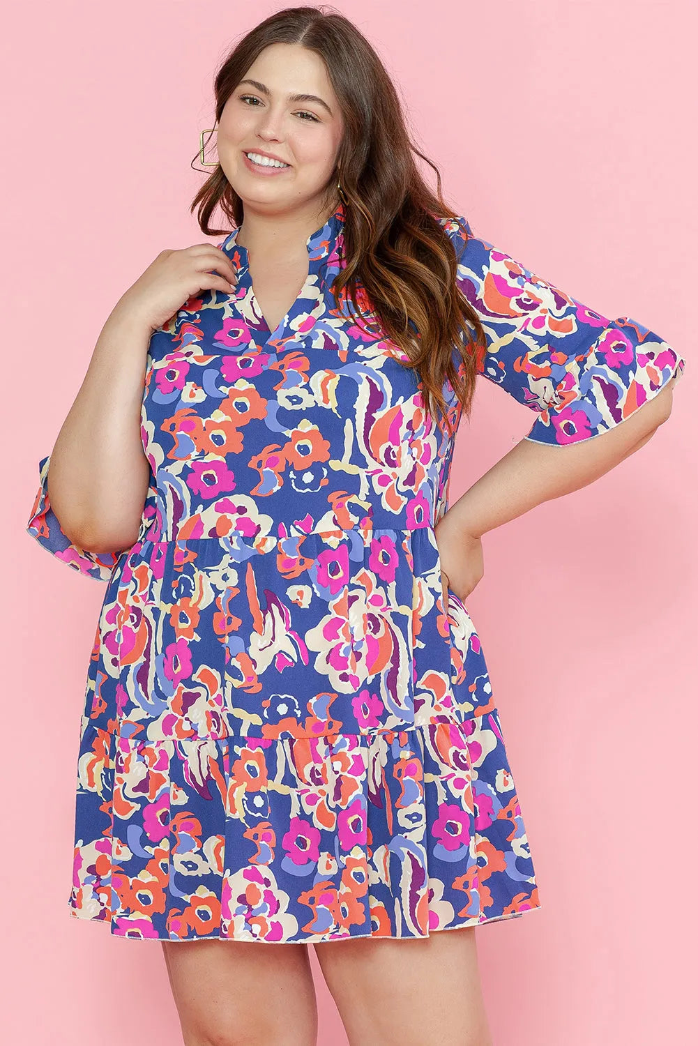 Blue Plus Size Floral Print Ruffled 3/4 Sleeve Mini Dress - Chic Meadow Boutique 