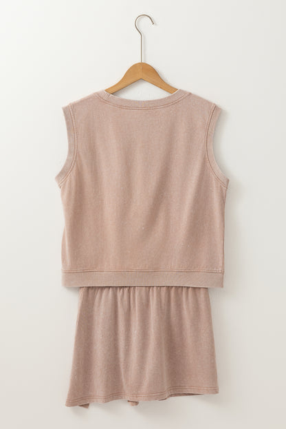 Smoke Gray 2 Pieces Mineral Wash Cotton Tank Top Lined Split Skirt Set