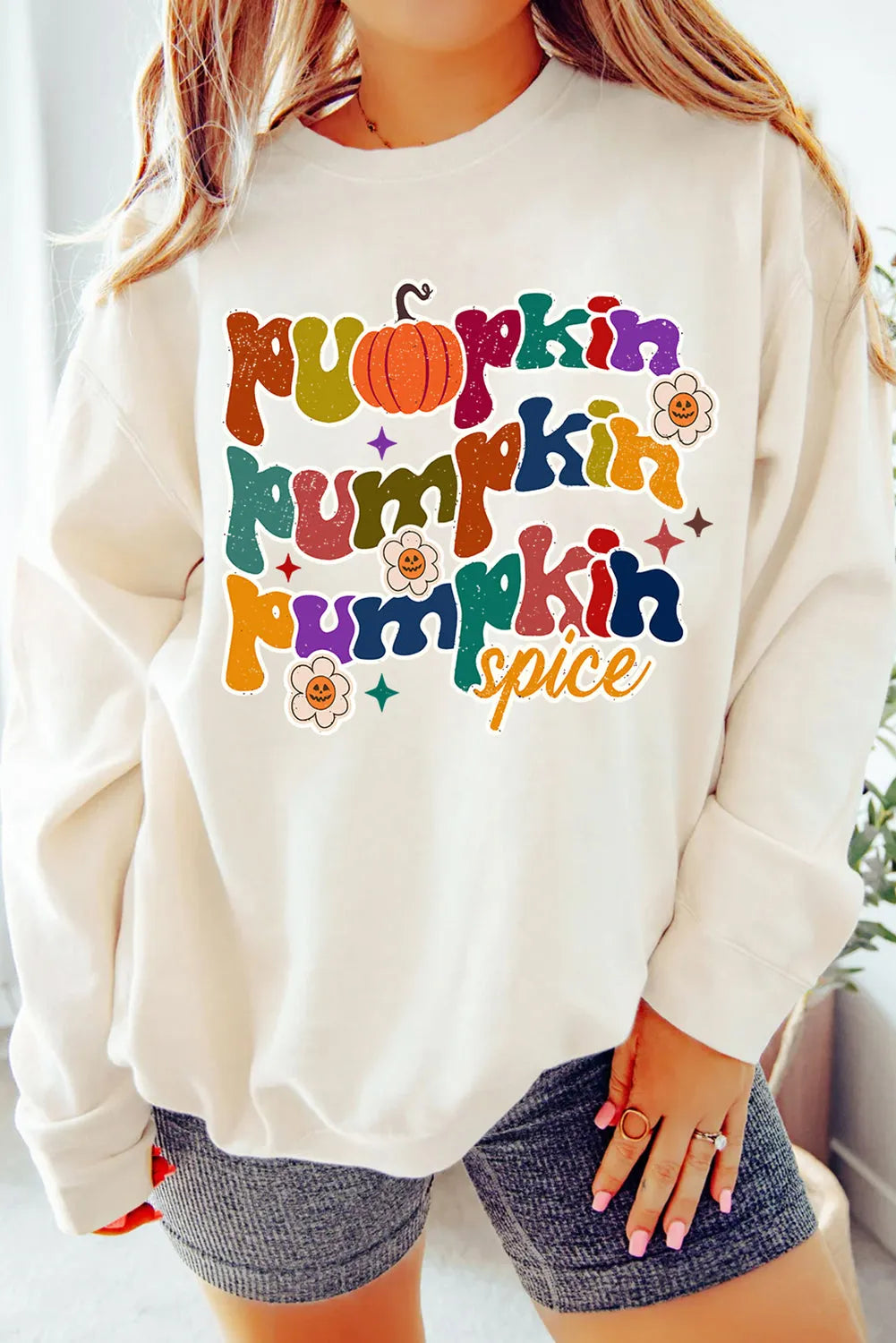 Beige Cute Pumpkin Spice Graphic Thanksgiving Sweatshirt - Chic Meadow Boutique 