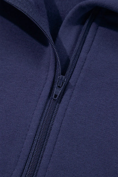 Navy Blue Fleece Lined Zip Up Stand Collar Thumbhole Sleeve Sweatshirt - Chic Meadow Boutique 