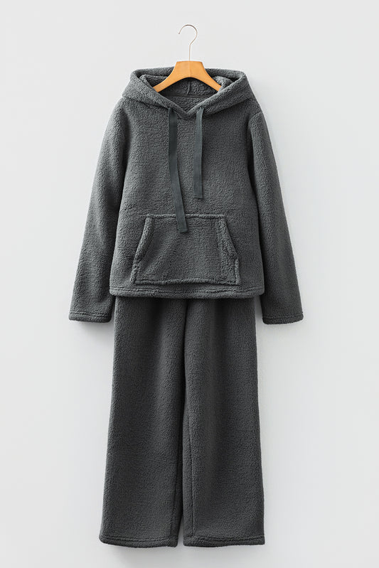 Medium Grey Fuzzy Drawstring Hoodie Lounge Pants 2pcs Set
