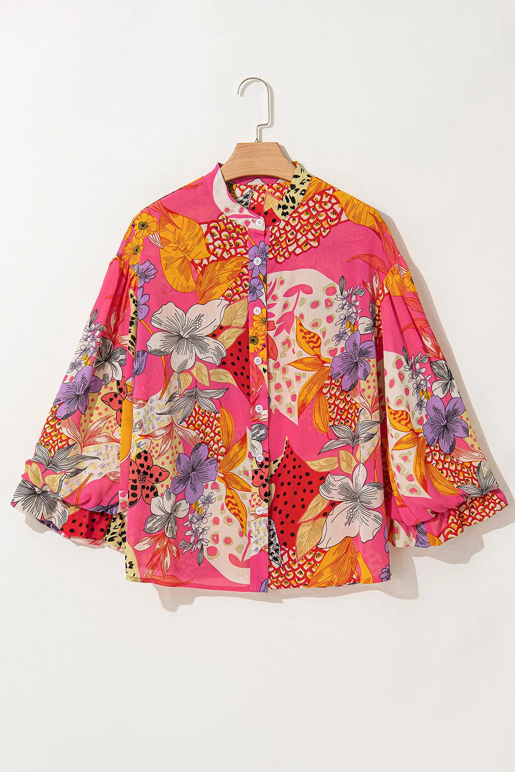 Red Abstract Floral Print Buttoned Ruffled Bubble Sleeve Shirt - Chic Meadow Boutique 