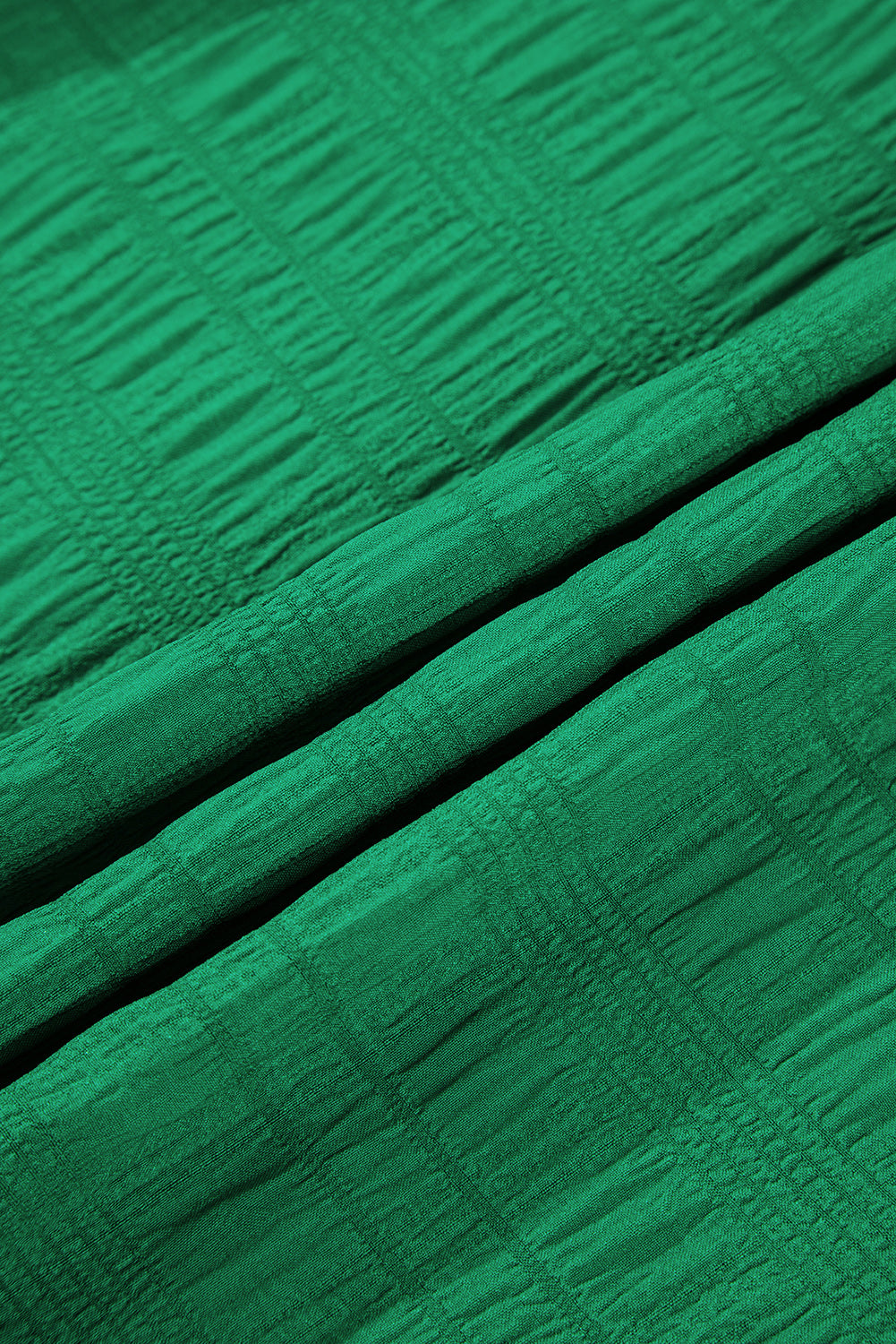 Dark Green Solid Textured Smocked Puff Short Sleeve High Waist Long Dress