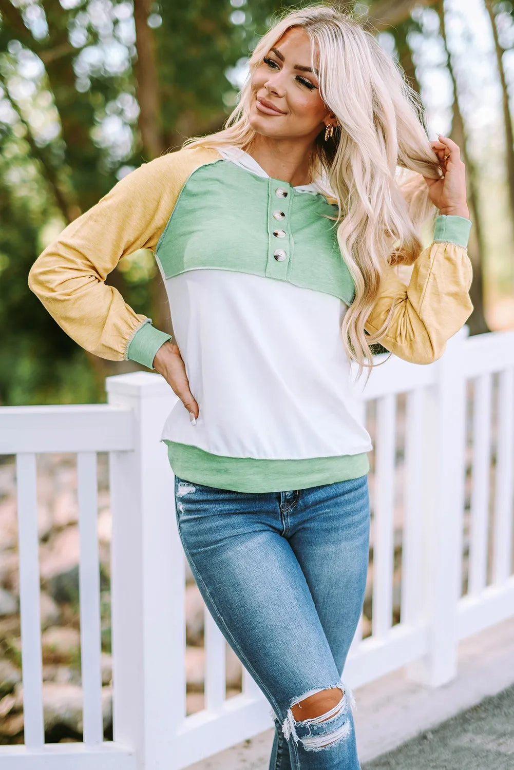 Yellow Colorblock Button Accent Pullover Hoodie - Chic Meadow Boutique 