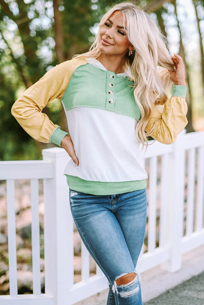 Yellow Colorblock Button Accent Pullover Hoodie - Chic Meadow Boutique 