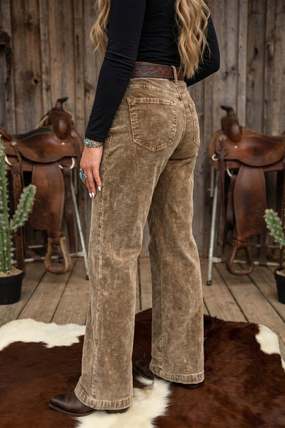 Camel Straight Leg Corduroy Metal Button Zip-up Pants