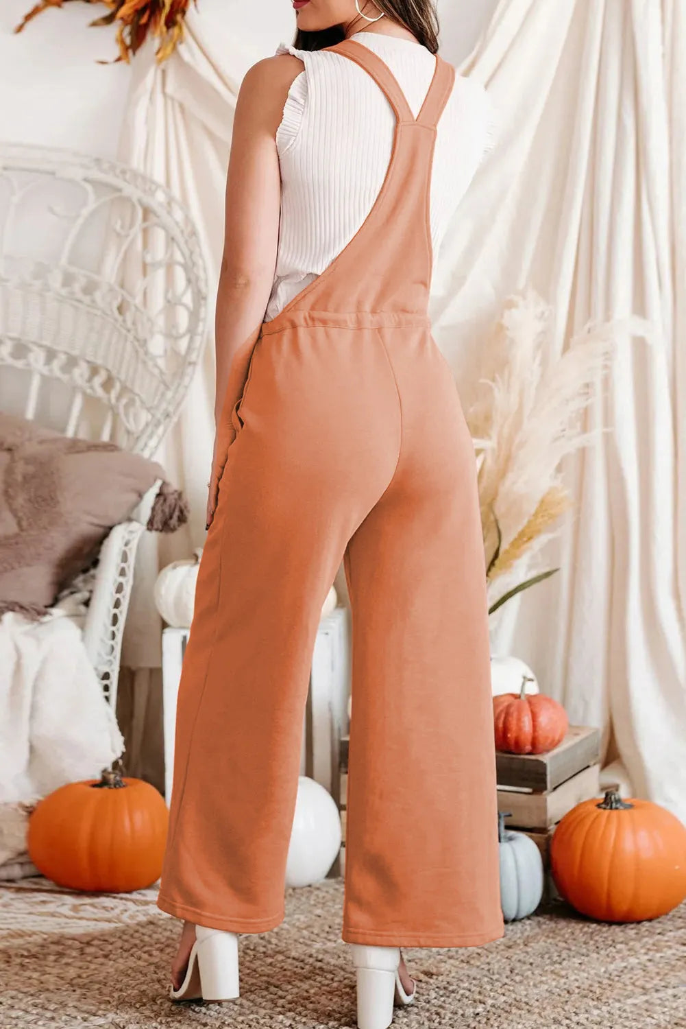 Orange Pocketed Drawstring Wide Leg Overalls - Chic Meadow Boutique 