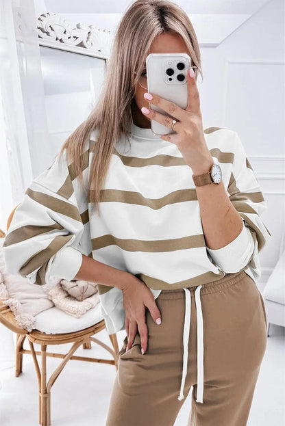 Two Piece Sets/Pant Sets Light French Beige Striped Drop Shoulder Pullover and Jogger Pants Set