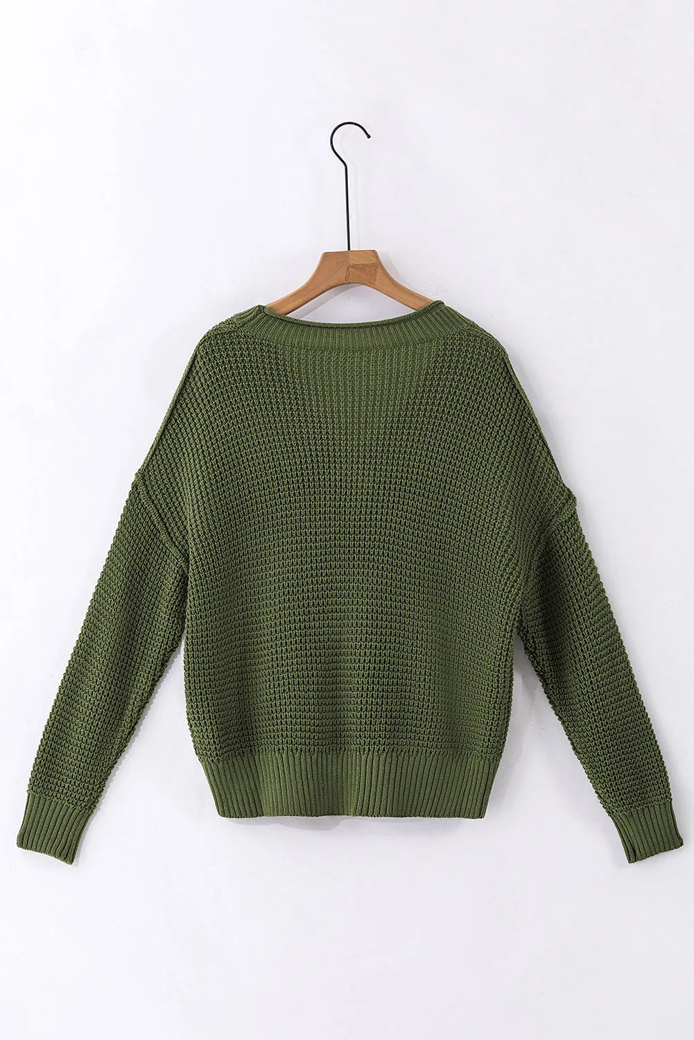 Pickle Green Pointelle Knit Button V Neck Drop Shoulder Sweater - Chic Meadow Boutique 