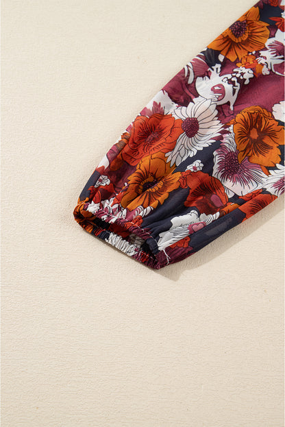 Red Floral Print Wrap V Neck Puff Sleeve Flowy Mini Dress