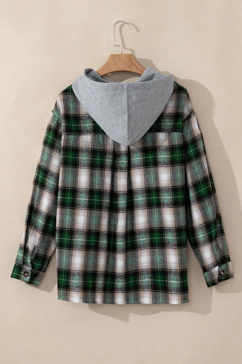 Green Plaid Print Chest Pocket Buttoned Hooded Shacket - Chic Meadow Boutique 