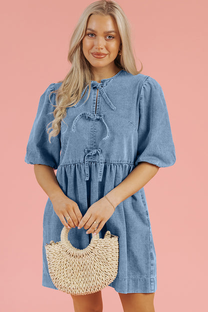 Dusk Blue Bowknot Bubble Sleeve Short Denim Dress