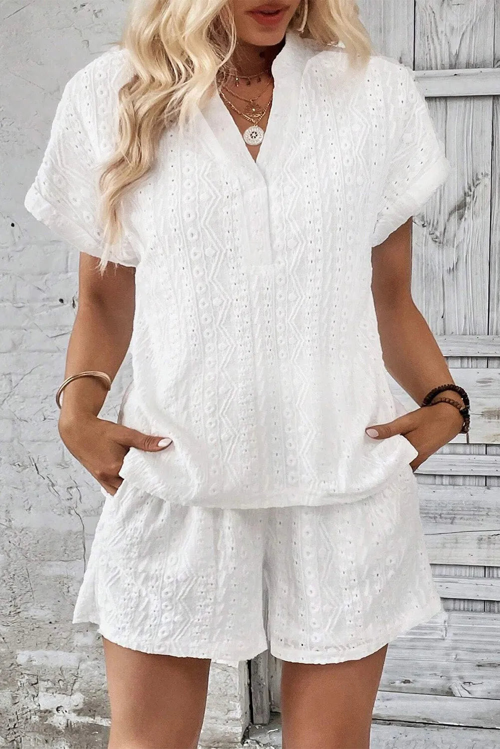 White Eyelet Patterned Textured Shorts Set - Chic Meadow Boutique 