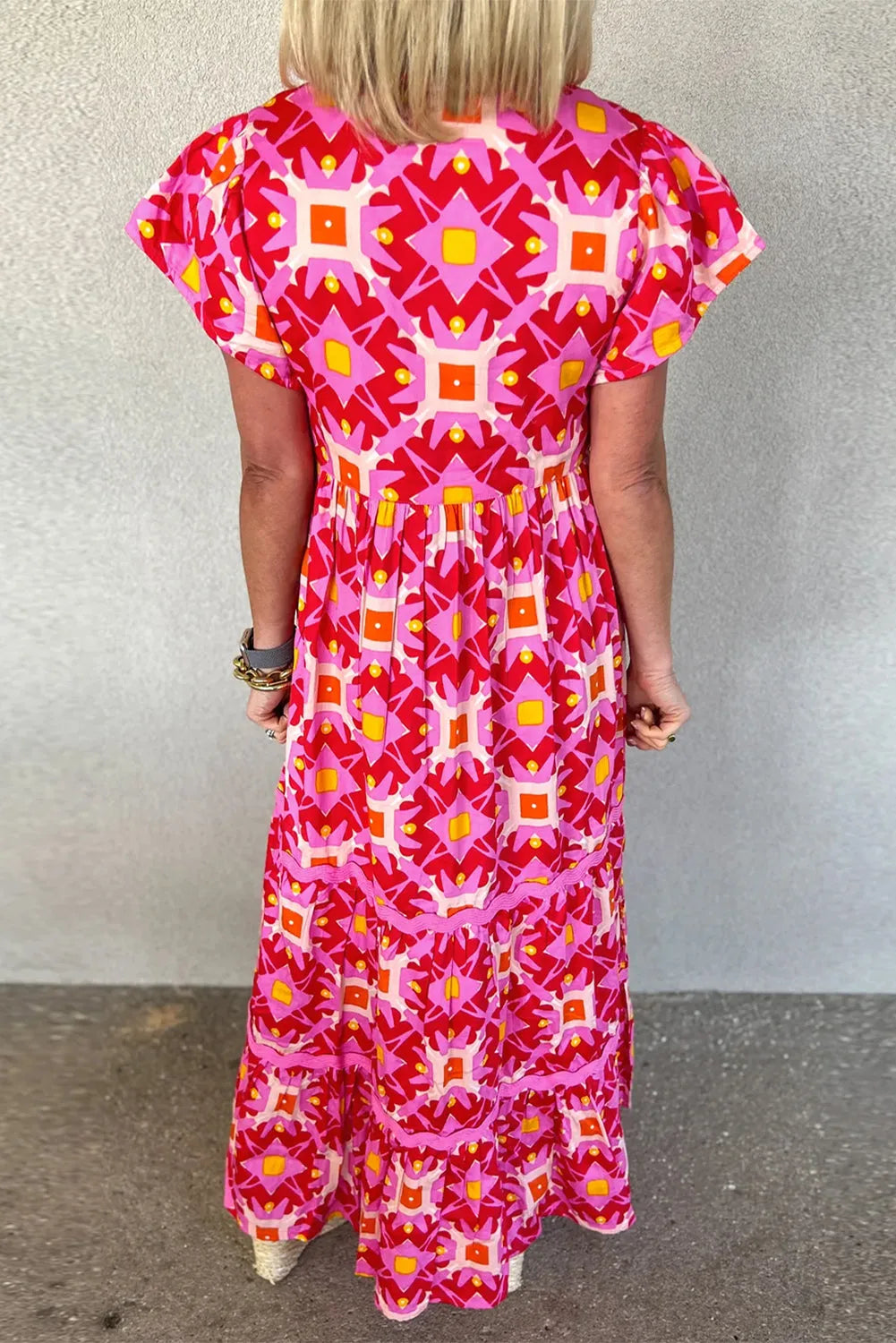 Strawberry Pink Geo Print V-neck Maxi Dress - Chic Meadow Boutique 