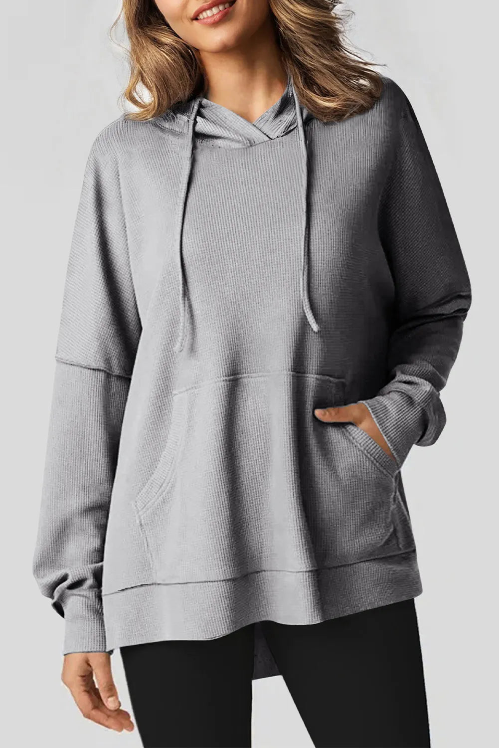 Gray Waffle Knit Fleece Lined High Low Oversized Hoodie - Chic Meadow Boutique 