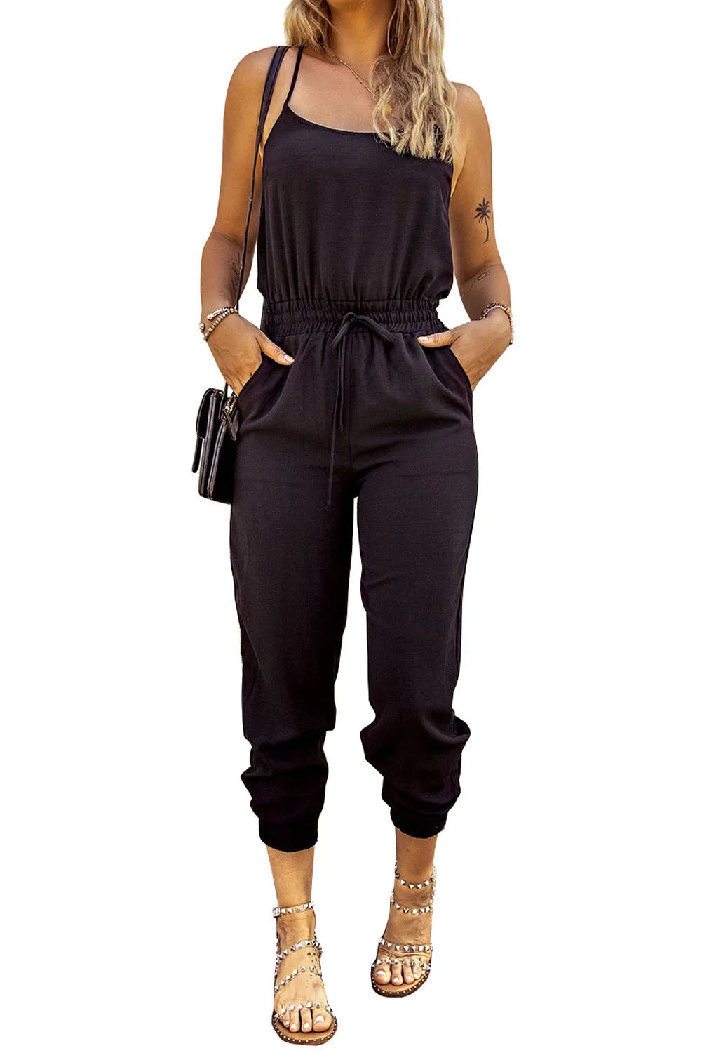 Black Drawstring Waist Spaghetti Straps Jumpsuit - Chic Meadow Boutique 