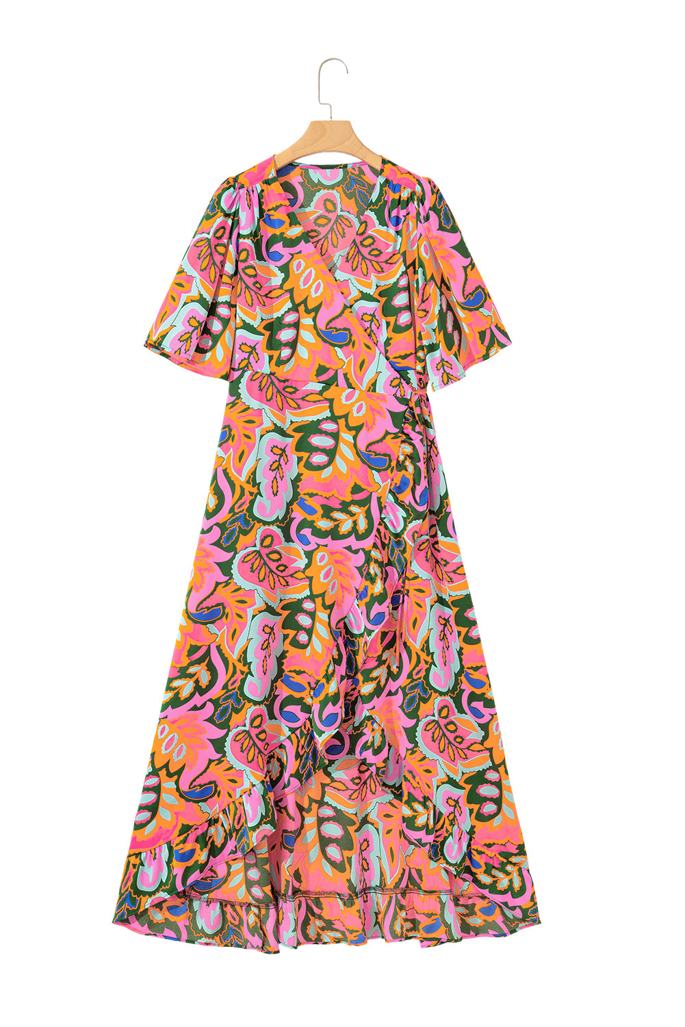 Rose Summer Plant Print Surpliced V Neck Ruffled Asymmetric Slit Wide Short Sleeve Maxi Dress