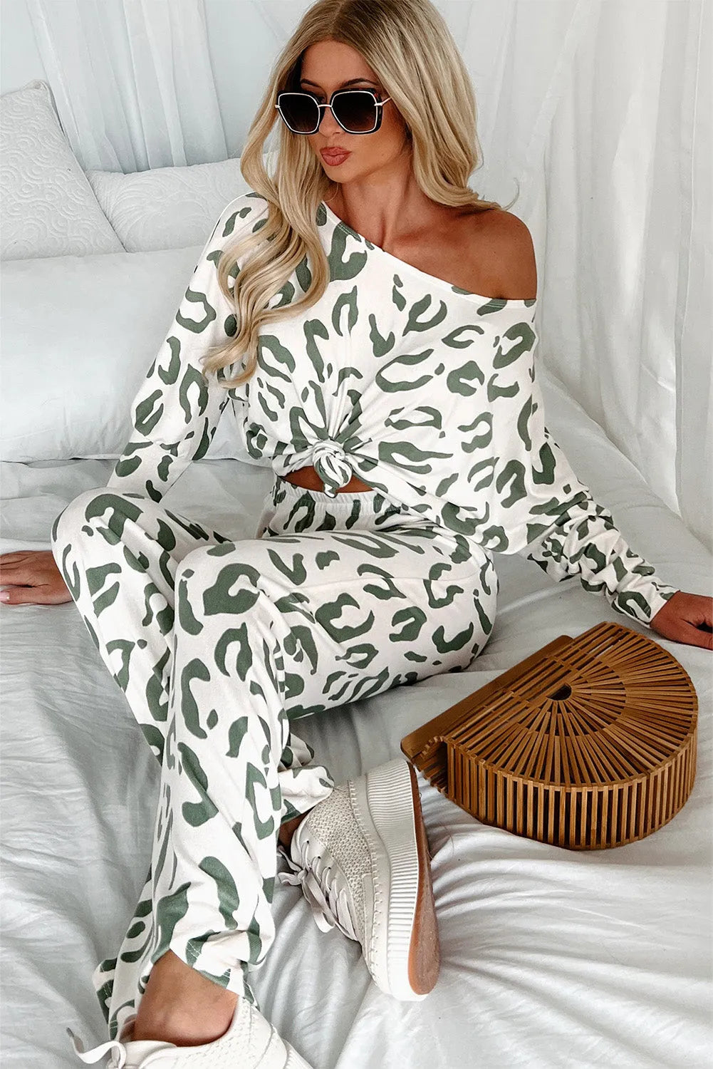 Beige Leopard Animal Print Long Sleeve and Pants Loungewear Set - Chic Meadow Boutique 