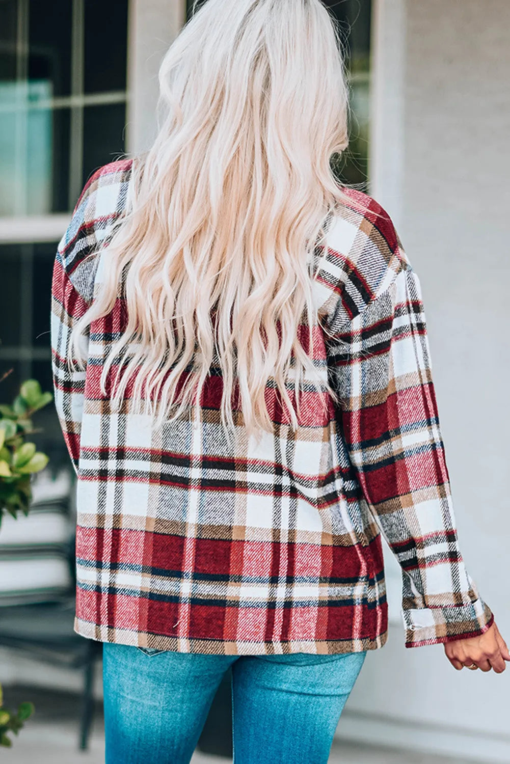 Fiery Red Geometric Plaid Print Pocketed Shacket - Chic Meadow Boutique 