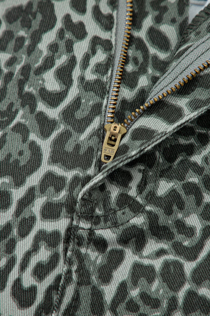 Gray Leopard Frayed Edge Wide Leg High Waist Jeans