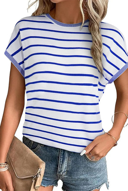 Sky Blue Stripe Knitted Bat Sleeve T Shirt - Chic Meadow Boutique 