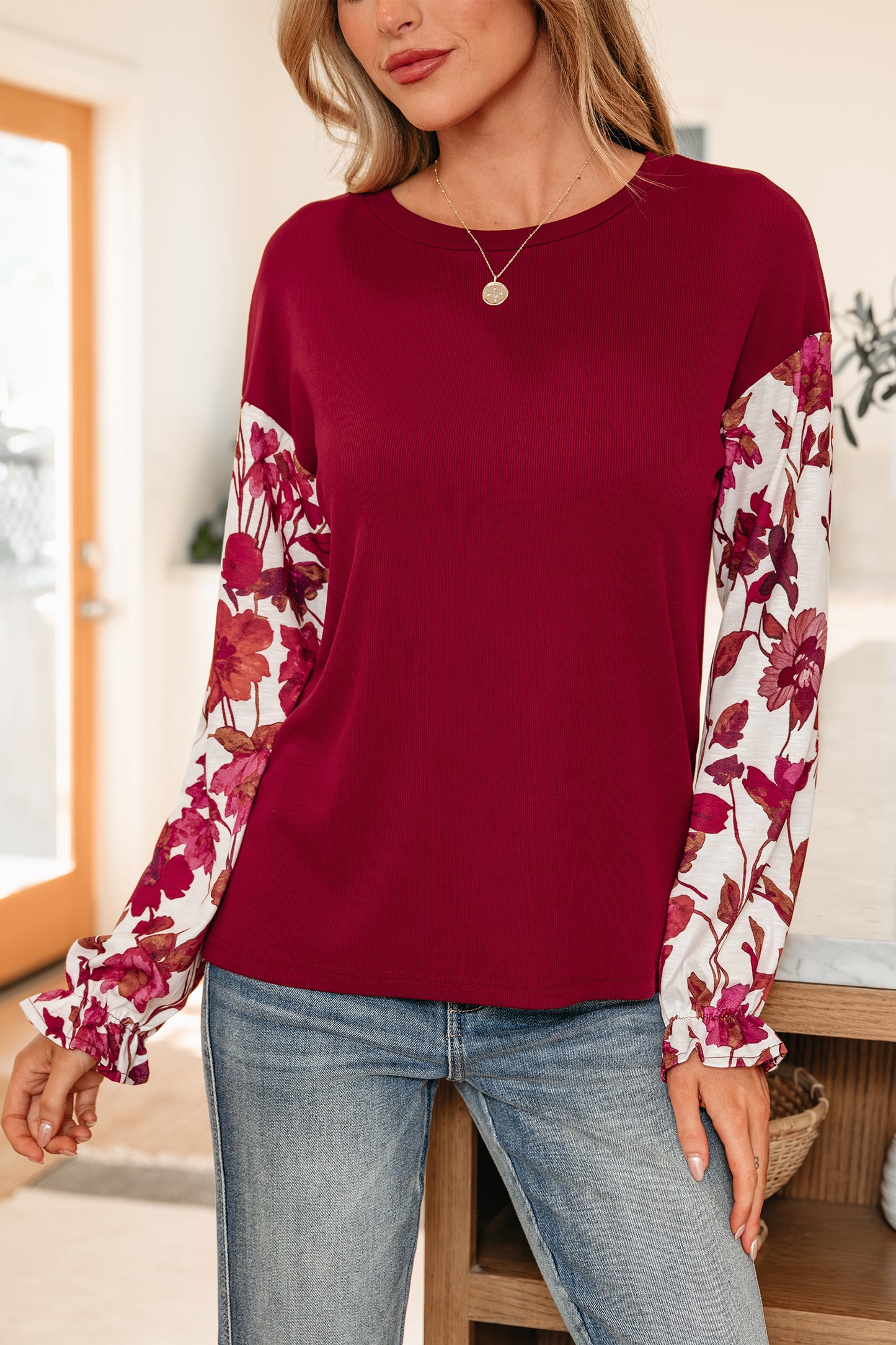 Wild Ginger Contrast Floral Sleeve Solid Ribbed Body Patchwork Long Sleeve Top
