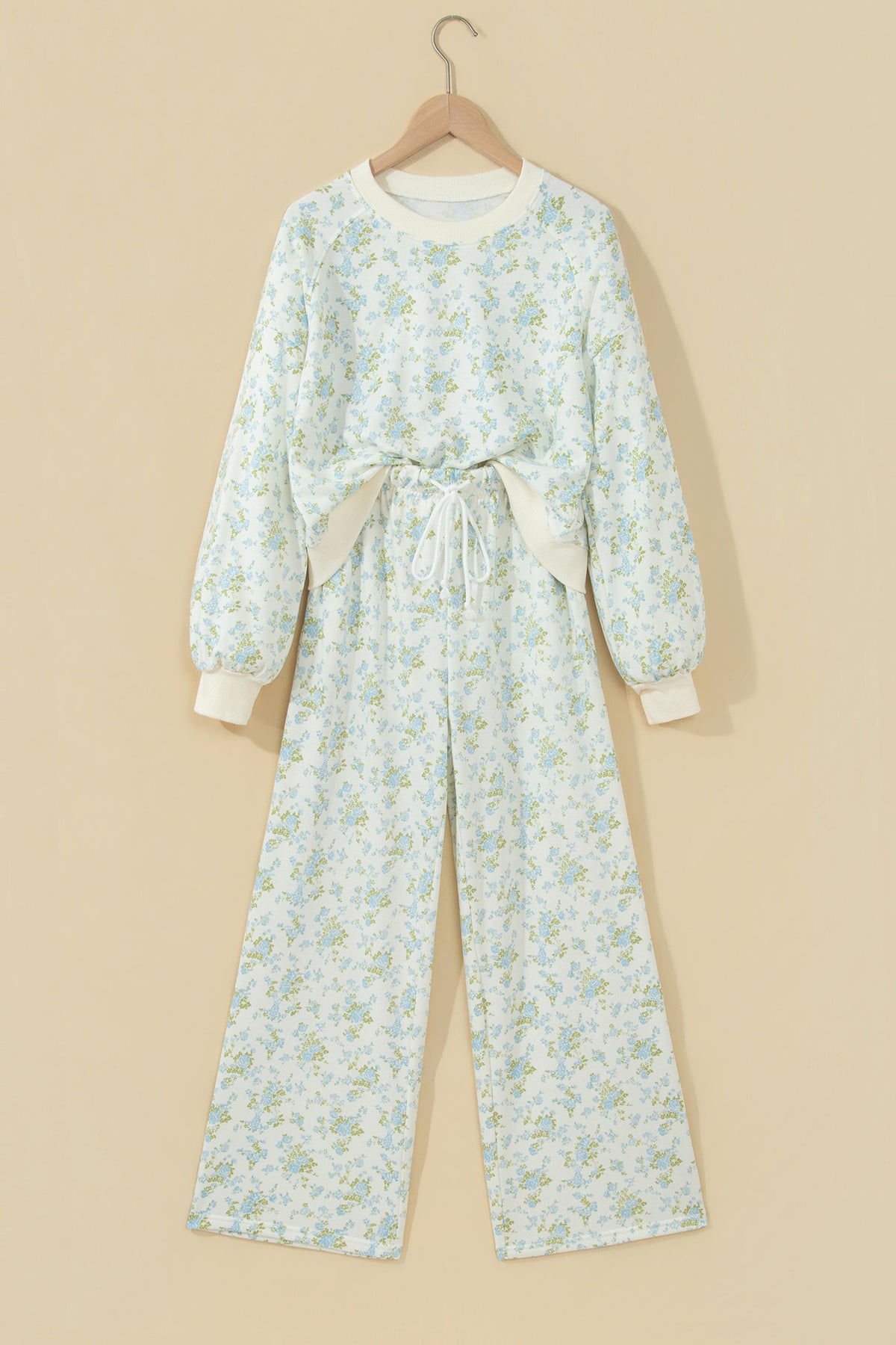 Sky Blue Floral Print Long Sleeve Top Drawstring Wide Leg Pants Set