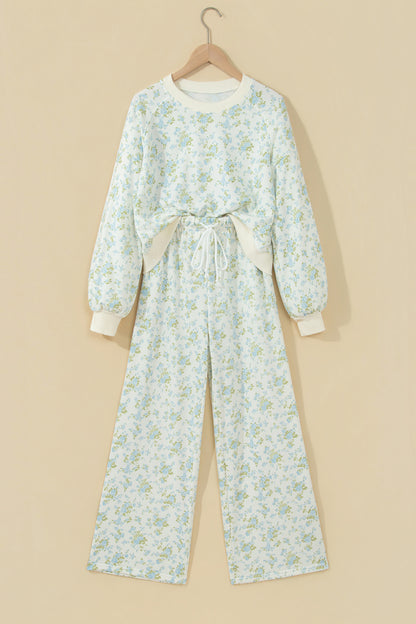 Sky Blue Floral Print Long Sleeve Top Drawstring Wide Leg Pants Set