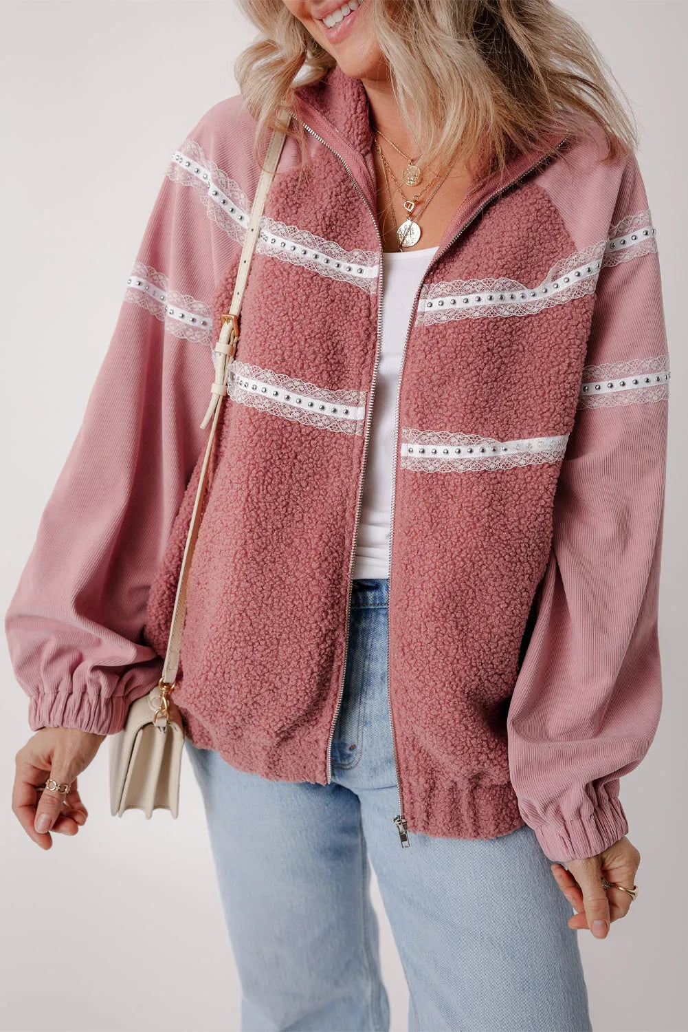 Rose Pink Sherpa Patchwork Lace Elastic Cuff Zip Up Jacket - Chic Meadow Boutique 