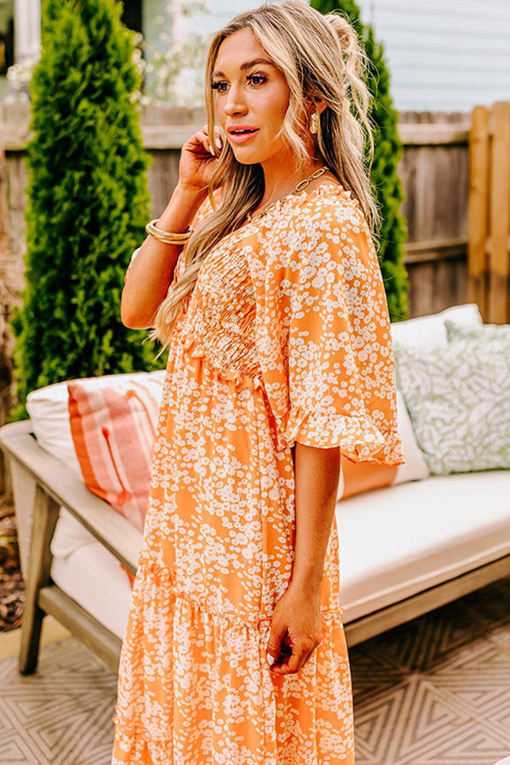 Orange Floral Print Smocked V Neck Wide Sleeve Maxi Dress