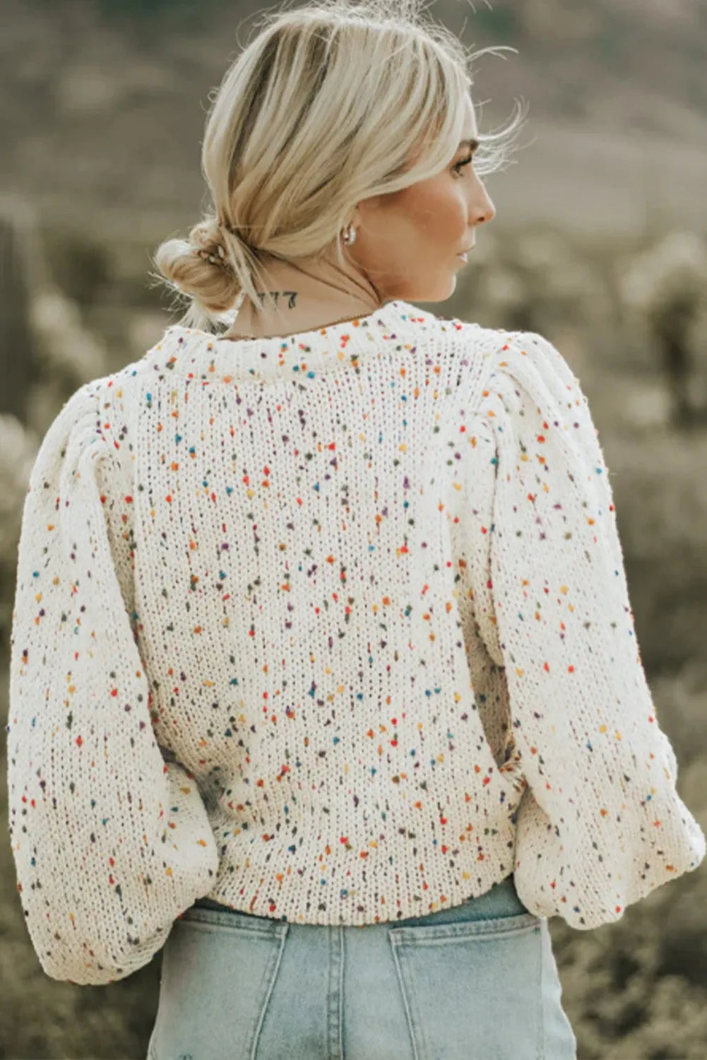 Beige Colorful Dots Cable Knit Crew Neck Sweater - Chic Meadow Boutique 