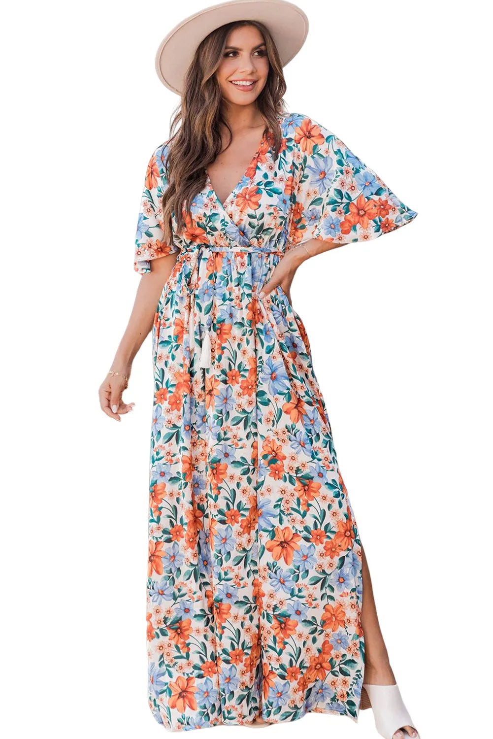 Sky Blue Floral Print Wrap Belted Maxi Dress - Chic Meadow Boutique 