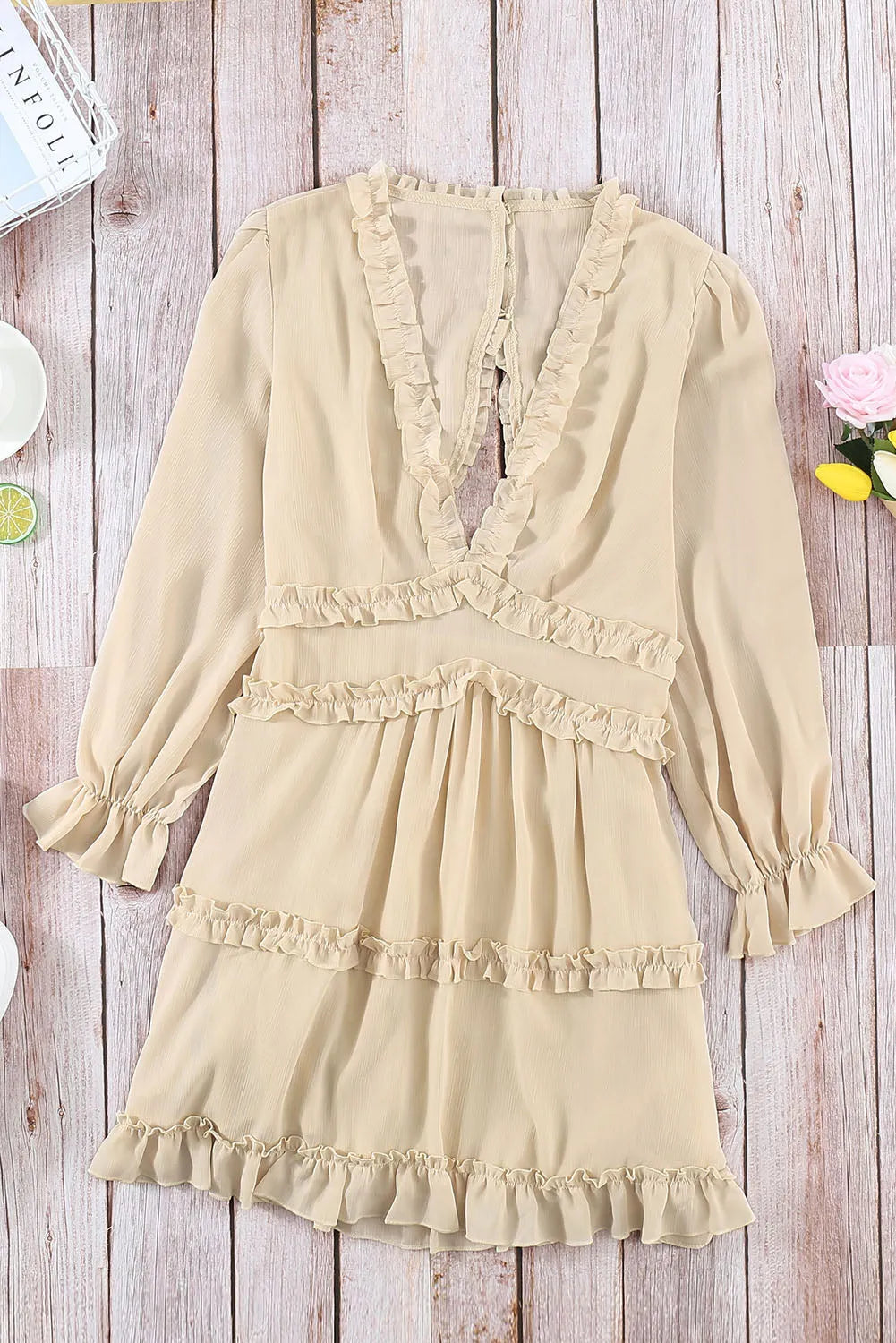 Beige V Neck Ruffle Detailing Open Back Dress - Chic Meadow Boutique 