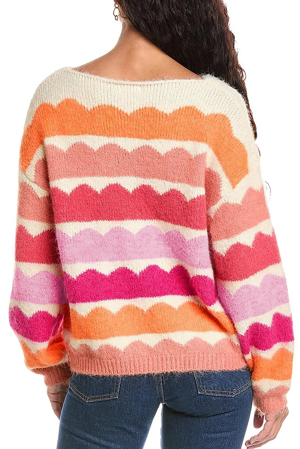 Rose Red Wave Striped Balloon Sleeve Drop Shoulder Sweater - Chic Meadow Boutique 