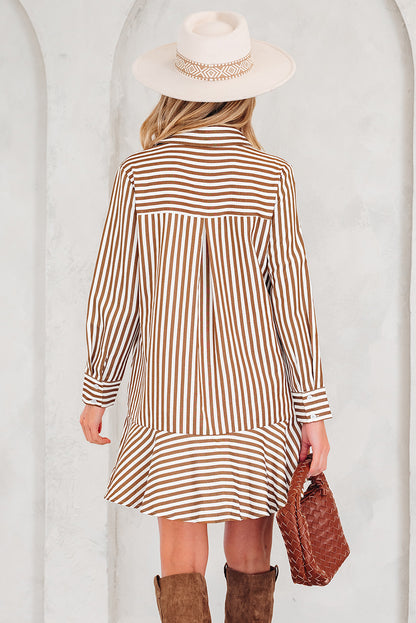 Brown Stripe Ruffled Hem Collared Long Sleeve Shirt Mini Dress