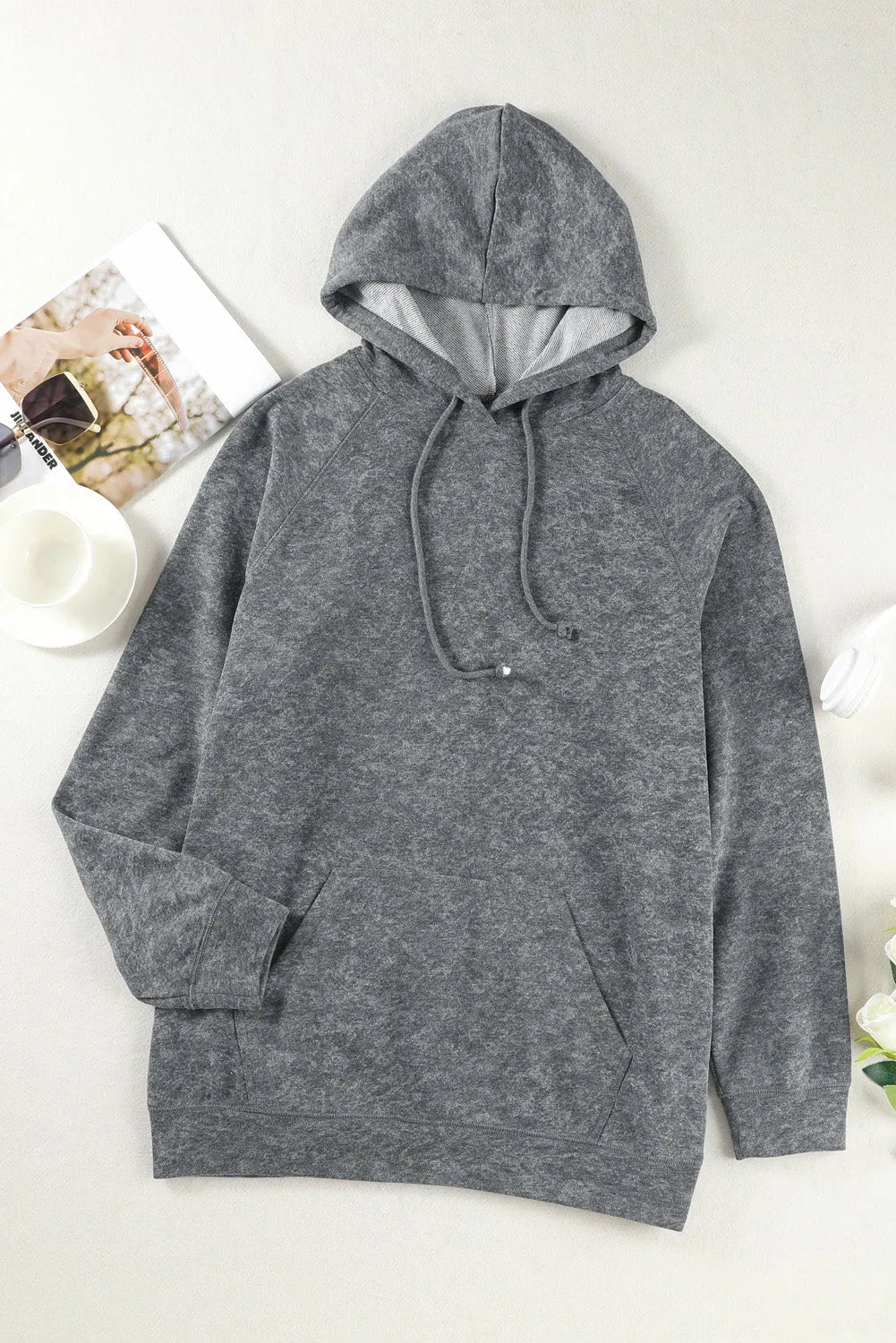 Gray Mineral Wash Kangaroo Pocket Drawstring Pullover Hoodie - Chic Meadow Boutique 